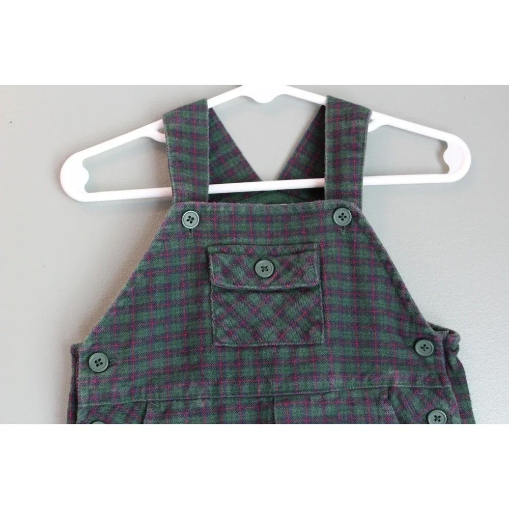 Vintage Starting Out Plaid Green Baby Overalls Size 9M 100% Cotton
